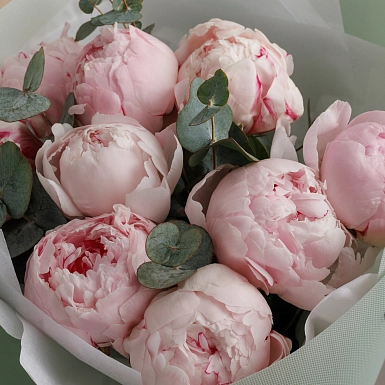 Букет из 9 розовых пионов с зеленью - фото 5