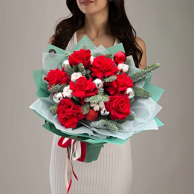 Зимний букет из роз и хлопка "Зимнее настроение" - фото 2