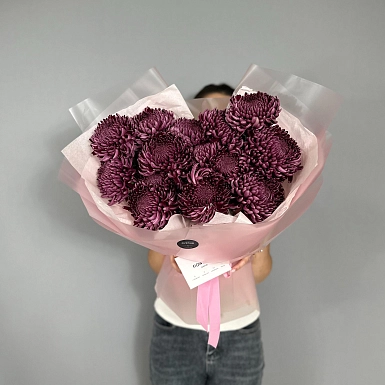 Букет из 15 бордовых хризантем - фото 2