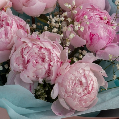 Букет из 7 розовых пионов и гипсофилы - фото 5