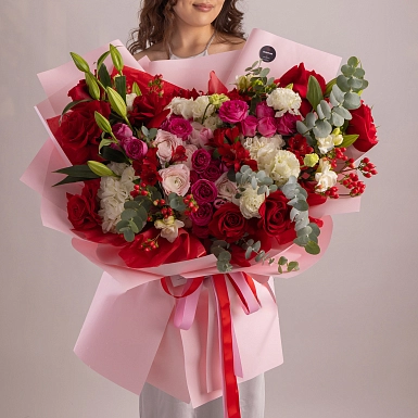 Букет из роз и лизиантусов "Яркое начало" - фото 1