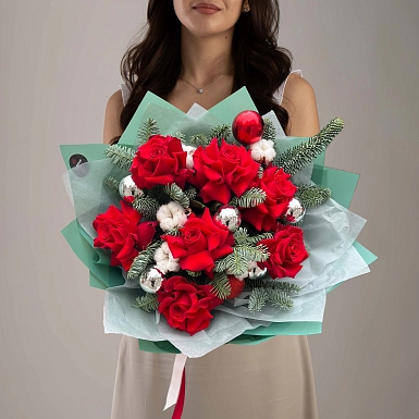 Зимний букет из роз и хлопка "Зимнее настроение" - фото 1
