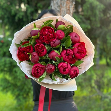 Букет из 15 местных красных пионов - фото 3
