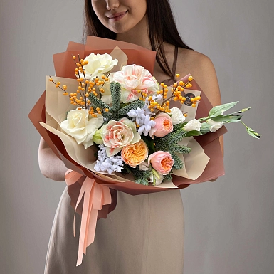 Зимний букет из амариллиса и роз "Янтарное утро" - фото 2