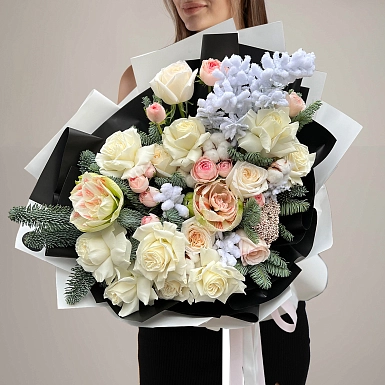 Зимний букет из амариллиса и пионовидных роз "Снежный узор" - фото 2