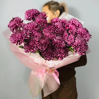 Букет из 25 бордовых хризантем - фото 1