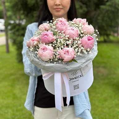 11 розовых пионов с гипсофилой в коробке - фото 1